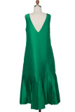 グリーンファッションカジュアルソリッドパッチワークVネックノースリーブドレス