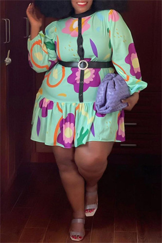 Green Fashion Casual Print Patchwork With Belt O Neck Long Sleeve Plus Size Dresses