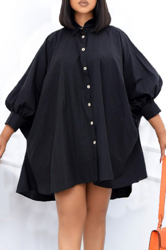 Black Casual Solid Patchwork Buckle Turndown Collar Dresses