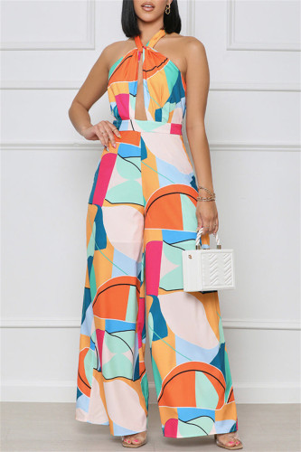 Multicolor Sexy Casual Print Bandage Backless Halter Regular Jumpsuits
