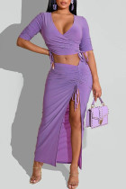 Фиолетовый модный повседневный сплошной бинт в стиле пэчворк с разрезом V-образным вырезом и половиной рукава из двух частей