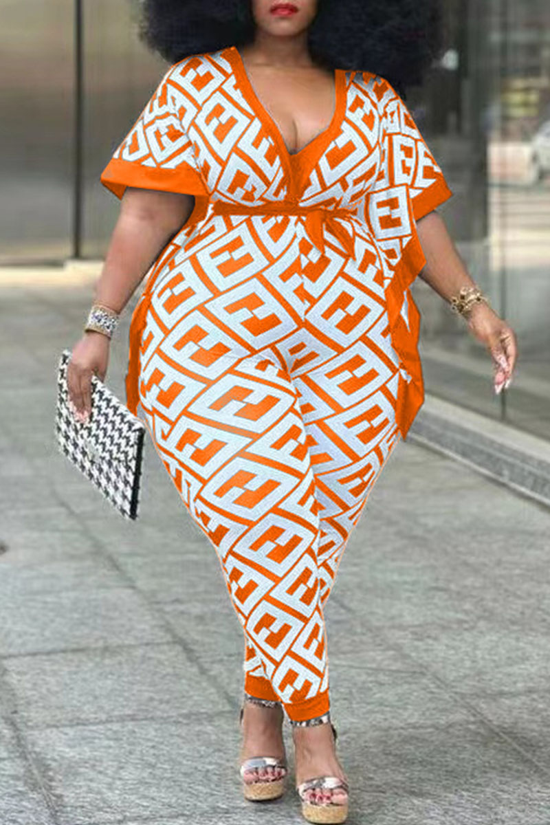 

Orange Fashion Sexy Print Letter With Belt V Neck Plus Size Two Pieces