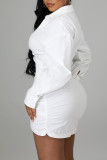 Белое повседневное однотонное лоскутное асимметричное платье-рубашка с V-образным вырезом Платья (без пояса)