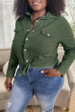 Giacca di jeans normale a maniche lunghe con colletto rovesciato alla moda casual tinta unita verde militare