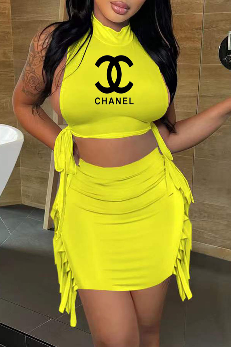 

Yellow Fashion Casual Print Letter O Neck Sleeveless Two Pieces