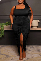 ブラックカジュアルソリッドパッチワークスリットフォールドUネックワンステップスカートプラスサイズのドレス