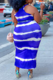 Blå sexigt randigt tryck spaghettiband raka klänningar i stora storlekar (utan bälte)