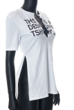 黒と白のファッションプリントスリットVネックTシャツ