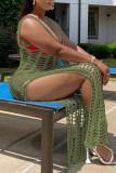 Army Green Sexy Solid Hollowed Out Patchwork Slit Swimwears Cover Up