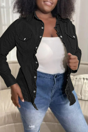 Black Fashion Casual Solid Patchwork Turndown Collar Long Sleeve Regular Denim Jacket