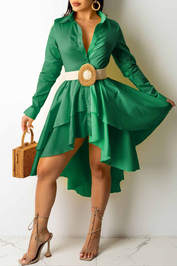 Зеленые однотонные платья в стиле пэчворк с асимметричным отложным воротником и пряжкой (без пояса)