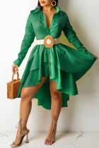 Green Solid Patchwork Buckle Asymmetrical Turndown Collar Irregular Dress Dresses(Without Belt)