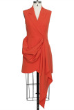 オレンジファッションカジュアルソリッドパッチワークターンダウンカラーノースリーブドレス