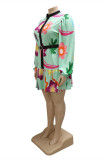 Green Fashion Casual Print Patchwork With Belt O Neck Long Sleeve Plus Size Dresses