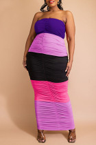 パープルセクシーなソリッドパッチワークストラップレスワンステップスカートプラスサイズのドレス