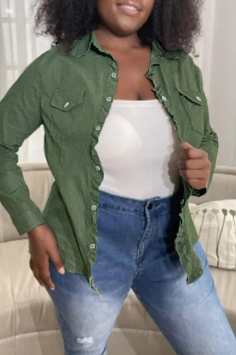 Армейская зеленая модная повседневная однотонная джинсовая куртка в стиле пэчворк с отложным воротником и длинным рукавом