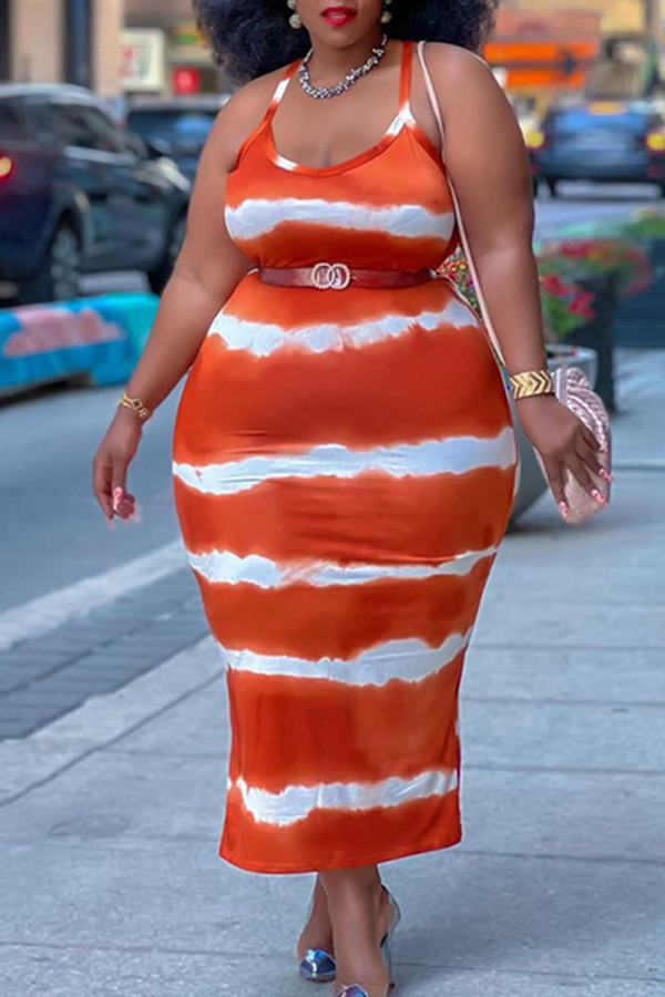 Röda sexiga randiga tryckta spaghettiband raka klänningar i stora storlekar (utan bälte)
