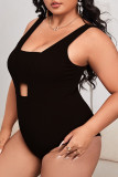 Black Fashion Sexy Solid Hollowed Out Backless O Neck Plus Size Swimwear Three-piece Set (With Paddings)