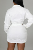 Robes de robe de chemise à col en V asymétriques en patchwork uni décontracté blanc (sans ceinture)