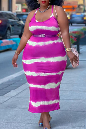 Rose Red Sexy Striped Print Spaghetti Strap Straight Plus Size Dresses(Without Belt)