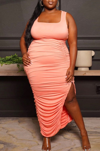 Pink Casual Solid Patchwork Slit Fold U Neck One Step Skirt Plus Size Dresses