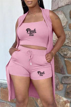 Pink Fashion Casual Letter Print Basic O Neck Sleeveless Three-piece Set