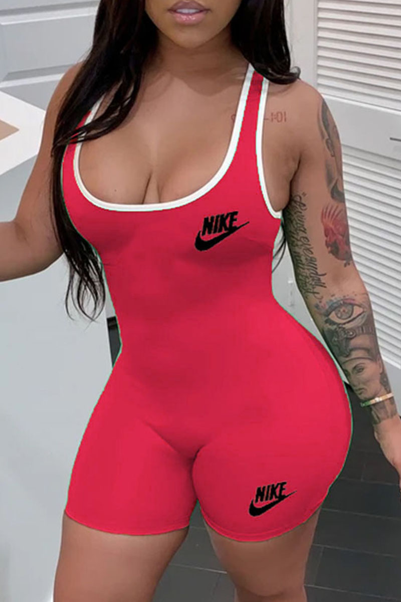 

Red Fashion Casual Print Letter U Neck Jumpsuits