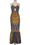 Многоцветный модный сексуальный принт с вырезом на спине, длинное платье на тонких бретелях