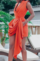 オレンジファッションカジュアルソリッドパッチワークターンダウンカラーノースリーブドレス