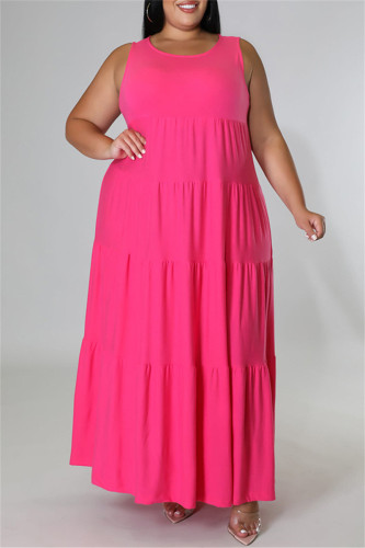 Rose Red Fashion Casual Plus Size Solid Basic O Neck Vest Dress