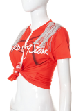 Camisetas con cuello en V y borlas con estampado sexy rojo