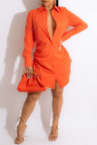 Tangerine Red Casual Solid Bandage Patchwork Buckle Turndown Collar Shirt Dress Dresses