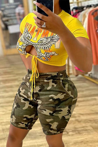 Yellow Fashion Casual Camouflage Print Bandage Hollowed Out O Neck Short Sleeve Two Pieces