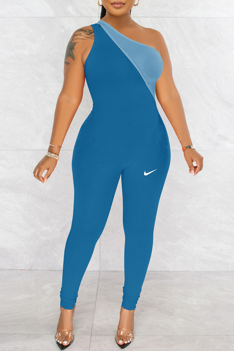 

Blue Fashion Street Print Patchwork One Shoulder Jumpsuits
