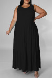 ブラックファッションカジュアルプラスサイズソリッドベーシックOネックベストドレス