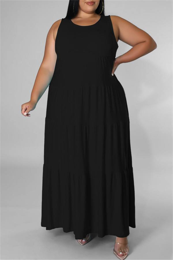 Черное модное повседневное однотонное базовое платье большого размера с круглым вырезом и жилетом большого размера