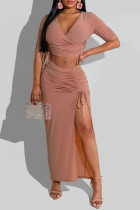 Pink Fashion Casual Solid Bandage Patchwork Slit V Neck Half Sleeve Two Pieces