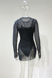 Black Fashion Sexy Solid See-through O Neck Long Sleeve Two Pieces