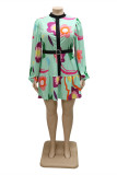 ベルトOネック長袖プラスサイズのドレスとグリーンファッションカジュアルプリントパッチワーク