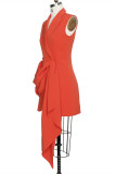 Orange Mode Casual Solid Patchwork Turndown-krage Ärmlös klänning