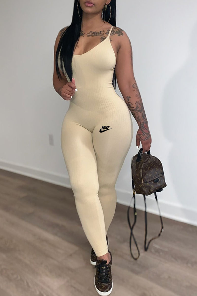 

Apricot Fashion Street Print Letter Spaghetti Strap Jumpsuits