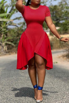 Красное модное повседневное однотонное лоскутное платье с круглым вырезом и коротким рукавом