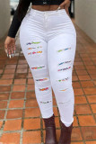 Witte mode casual effen gescheurde patchwork hoge taille skinny denim jeans