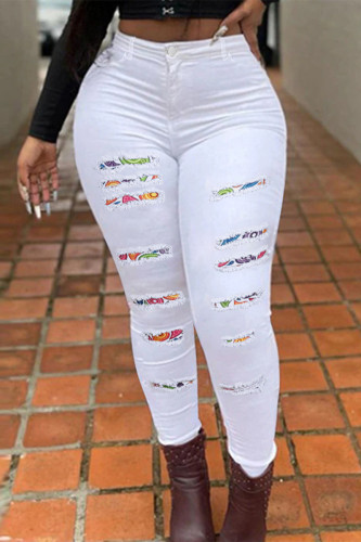 Jeans skinny a vita alta strappati casual alla moda bianca