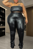Schwarz Mode Sexy Casual Solide Rückenfrei Trägerlos Plus Size Zweiteiler