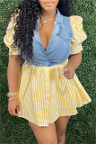 Yellow Fashion Casual Striped Print Patchwork Turndown Collar Short Sleeve Dress