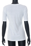 ホワイトファッションプリントスリットVネックTシャツ