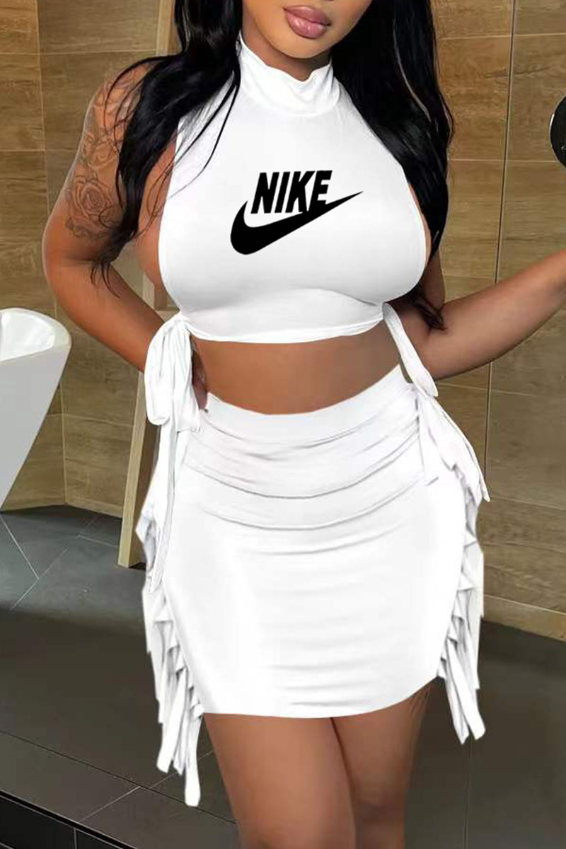 

White Fashion Casual Print Tassel O Neck Sleeveless Two Pieces