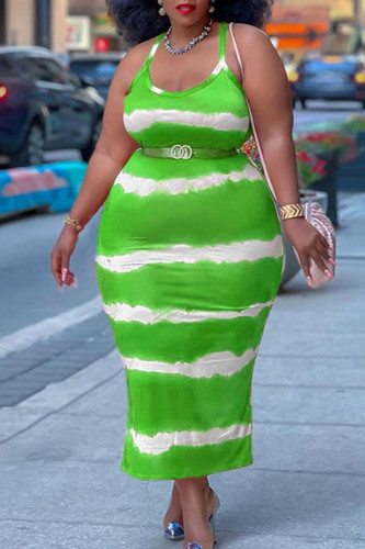 Green Sexy Striped Print Spaghetti Strap Straight Plus Size Dresses(Without Belt)