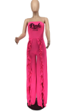 Pink Fashion Print Flounce Strapless Boot Cut Jumpsuits